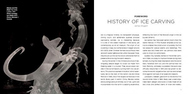 A photo of an intricate ice sculpture of a lizard and dragon, beside a page from "Contemporary Ice Sculpture" by Schiffer Publishing, Ltd., featuring background text on the art's history.
