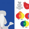 A cartoon poodle asks, "Did you know a branch of science studies colors?" On the right, Schiffer Publishing's My New Friends shows animals in red, yellow, and blue circles to teach preschoolers about primary and secondary colors.