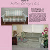 A page from "Marge's Custom Slipcovers" by Schiffer Publishing, Ltd. features a striped sofa with exposed wooden legs and a green sofa with custom slipcovers, cushions, a lamp, and a potted plant in a living room.