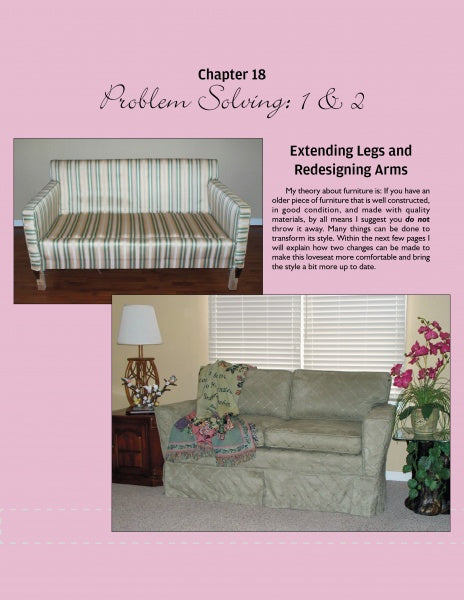 A page from "Marge's Custom Slipcovers" by Schiffer Publishing, Ltd. features a striped sofa with exposed wooden legs and a green sofa with custom slipcovers, cushions, a lamp, and a potted plant in a living room.