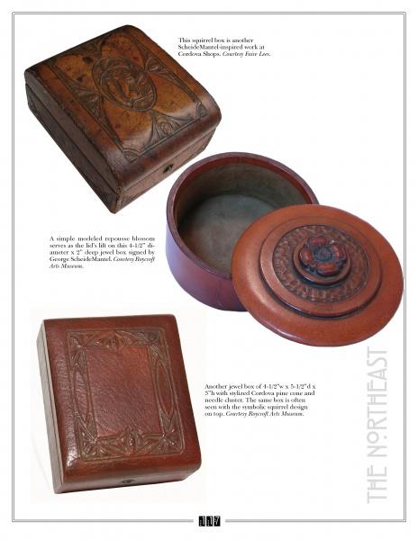 Three copies of "Artistic Leather of the Arts and Crafts Era" by Schiffer Publishing, Ltd. are displayed: two closed and one open. Each book is shown with descriptive text on a white background.