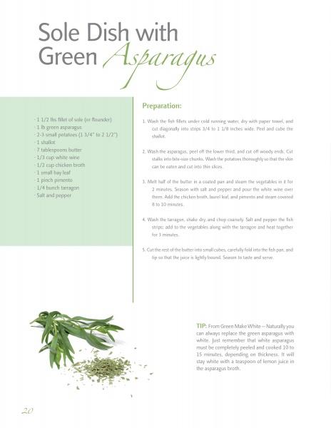 A recipe page titled Asparagus & Strawberries by Schiffer Publishing, Ltd. features prep steps on the right, illustrations of asparagus and tarragon on the lower left, with ingredients and a cooking tip—ideal for spring cookbook collections.