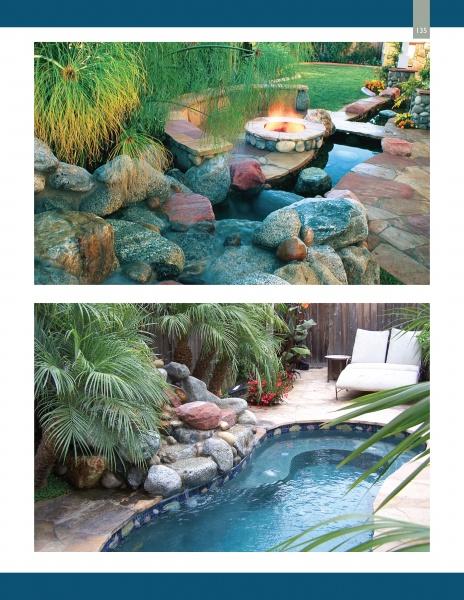 Top: A compact stone hot tub with fire feature amidst rocks and greenery. Bottom: A slim backyard pool with rock waterfall and tropical landscaping—both featured in Scott Cohen's Poolscapes by Schiffer Publishing, Ltd.