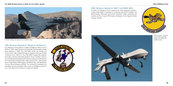 A page from "The USAF Weapons School at Nellis Air Force Base Nevada" by Schiffer Publishing, Ltd. features a fighter jet, an MQ-1 UAV in flight, and two USAF squadron patches with descriptions.
