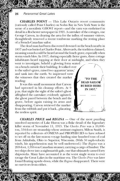 Paranormal Great Lakes by Schiffer Publishing, Ltd. explores Great Lakes mysteries at Charles Point, including an 1857 sailor's drowning, and features a photo of a memorial reading, "To the dead sailor buried here in 1857.