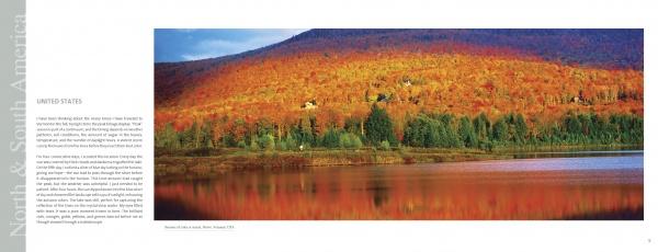 The left side of "Seven Continents" by Schiffer Publishing, Ltd. features a panoramic autumn landscape with a forested hillside and vibrant foliage reflected on a calm lake, scattered trees, and small buildings under a blue sky.