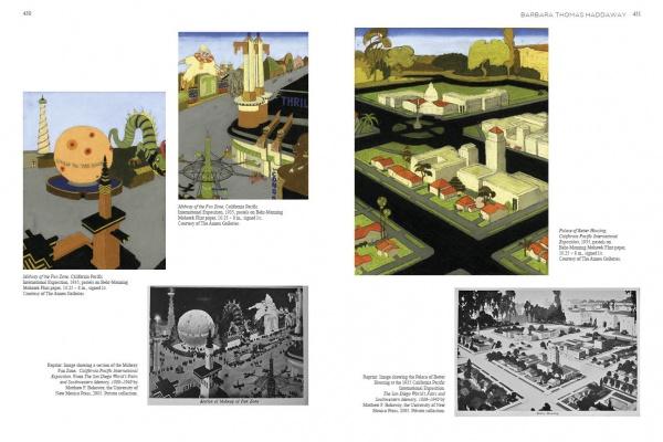 A two-page spread in *Emerging from the Shadows, Vol. II* by Schiffer Publishing, Ltd. showcases six colorful concept art illustrations of California amusement park scenes by women artists, each labeled and credited.