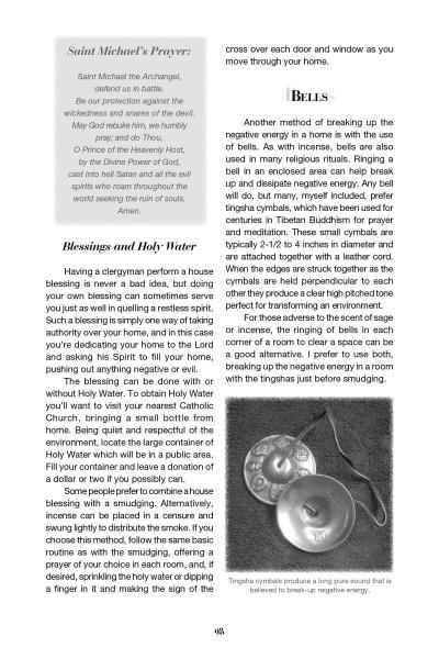 A page from "I Think My House is Haunted!" by Schiffer Publishing, Ltd. covers Saint Michael’s Prayer, blessings with holy water, bell use, and features Tibetan tingsha cymbals—perfect for any ghost guide or paranormal investigation.