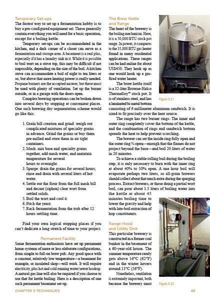 A page from "The Umami Factor" by Schiffer Publishing, Ltd. shows two text columns and three images—a kettle on a stove, a close-up of a brew kettle, and garage brewing gear—ideal for fermenting recipes and custom drinks.