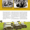 A page from "The Jeep: History of a World War II Legend" by Schiffer Publishing, Ltd. showcases vintage WWII Jeep photos, a color image of green Jeeps in a field, and text detailing the origins and evolution of these 4WD vehicles.