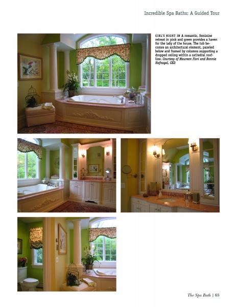Four images of The Spa Bath by Schiffer Publishing, Ltd. showcase a luxurious suite with a large soaking tub under a window, double sinks, ornate wood cabinetry, green walls, and elegant accents filled with natural light.