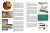 A spread from "Constructing and Covering Boxes" by Schiffer Publishing, Ltd. shows vibrant paper swatches, patterned fabric, rulers, book board, cutting tools, a green mat, and descriptive text about essential box-making materials and tools.