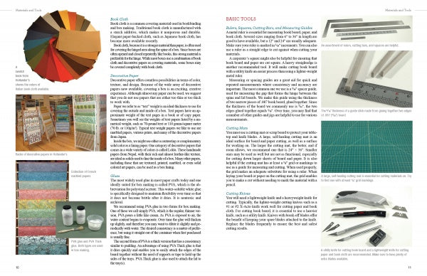 A spread from "Constructing and Covering Boxes" by Schiffer Publishing, Ltd. shows vibrant paper swatches, patterned fabric, rulers, book board, cutting tools, a green mat, and descriptive text about essential box-making materials and tools.