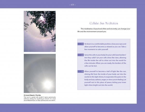 A magazine page from Schiffer Publishing, Ltd.’s "Spiritual Gardens" features sun imagery and text that introduces meditation techniques for Cellular Sun Meditation, inviting readers on a journey of spiritual self-discovery.