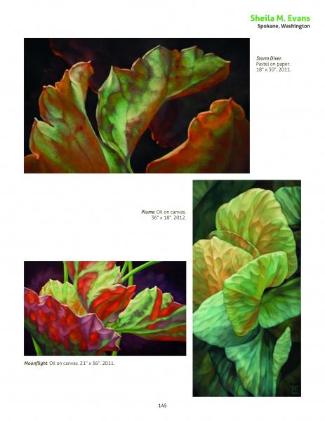 A page showcases three vibrant paintings of plant leaves in green, red, and yellow, featured in "Green Art" by Schiffer Publishing, Ltd., with artwork titles and sizes listed beside each painting.