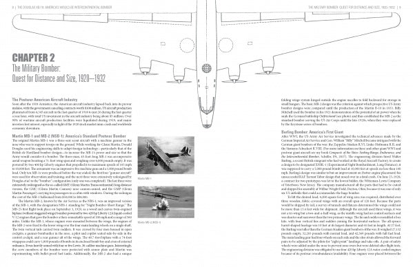 A black-and-white diagram of the Douglas XB-19 spans the top of a Schiffer Publishing, Ltd. book page, with columns of text and two vintage photos of early bombers below, capturing a moment in aviation history.