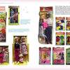 A magazine spread showcases Doll Junk by Schiffer Publishing, Ltd., featuring vintage fashion dolls, The Lawnmistress and Sympathy collections, outfits, Barbie clone clothes, and original packaging arranged on a white background with descriptions.