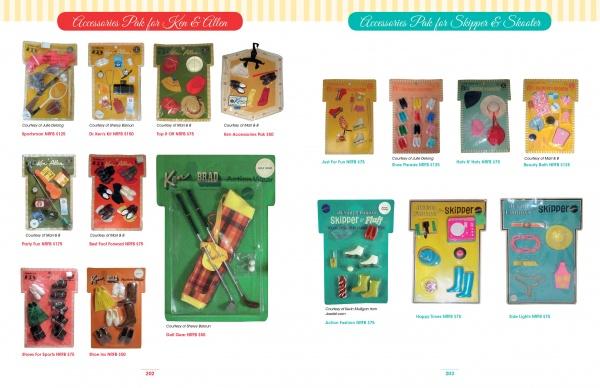 The catalog page from Schiffer Publishing, Ltd.'s "It's All About the Accessories for the World's Most Fashionable Dolls, 1959-1972" showcases vintage packs for Ken, Allan, Skipper, and Skooter, with clothing, gear, shoes, and more in bright packaging with names and prices.