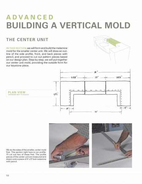 A magazine page from "Making Concrete Countertops with Buddy Rhodes" by Schiffer Publishing, Ltd. shows vertical mold instructions with a plan view diagram and photos of hands measuring materials using a ruler and T-square.