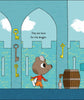 A bear in a red shirt with sword and scroll walks past keys and a barrel in a blue castle hall. Text above: They are here for the dragon—Dragon's Castle by Schiffer Publishing, Ltd., perfect for an adventure kids’ book or play mat.