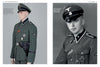 A mannequin and a young man display WWII German uniforms with Waffen-SS insignia, as seen in "Black and Field Gray Uniforms of Himmler's SS, Vol. 1" by Schiffer Publishing, Ltd.; the mannequin is in color, the man's portrait in black and white.