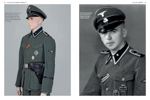 A mannequin and a young man display WWII German uniforms with Waffen-SS insignia, as seen in "Black and Field Gray Uniforms of Himmler's SS, Vol. 1" by Schiffer Publishing, Ltd.; the mannequin is in color, the man's portrait in black and white.