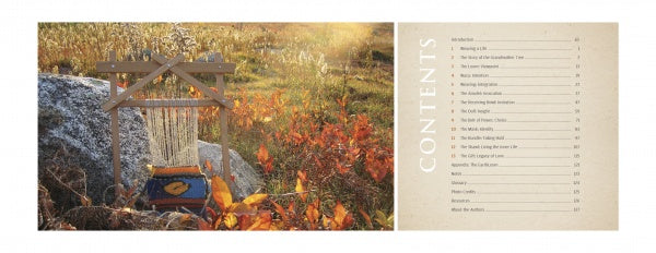 The Art of Weaving a Life by Schiffer Publishing, Ltd. is shown outdoors among autumn leaves with a wooden loom and woven fabric, evoking tapestry weaving. A beige table of contents listing chapters stands beside a large rock and grass.