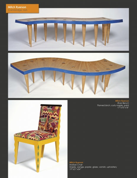 Mind & Hand by Schiffer Publishing, Ltd. features three pieces of contemporary studio furniture: two wavy benches with blue edges and spiral legs, and a yellow zigzag chair—ideal for interior designers seeking handmade style.