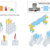 Instructional diagram for assembling Bauta and Megolob paper models with ArchiTek by Schiffer Publishing, Ltd. Numbered, colored pieces inspire creativity; illustrated stages and boxes of parts guide you through the cardboard building kit.