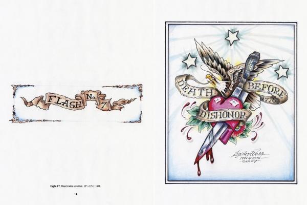 Spider Webb's American Eagle Tattoo Flash by Schiffer Publishing, Ltd. features an eagle and dagger above a bleeding heart with the banner "Death Before Dishonor," plus a decorative scroll reading "Flash No. 7" on the left page.