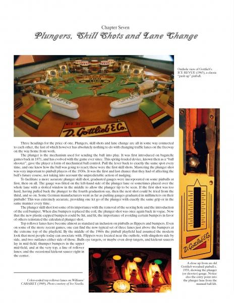 A page from Schiffer Publishing’s "The Complete Pinball Book" features a vintage pinball machine's playfield and a close-up of a Gottlieb plunger, alongside text about plungers, skill shots, lane changes, and pinball history.