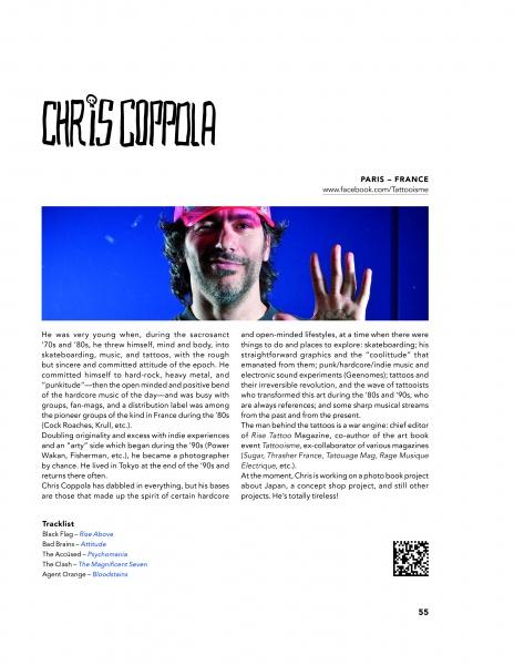 A magazine page for ARTtitude by Schiffer Publishing, Ltd. centers Chris Coppola’s photo, with modern graphic design, his bio, tracklist, QR code, and links, all on a white background with black text and artistic touches.