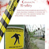 Yellow caution tape reading CRIME SCENE tops a page titled Fantasy Crosses Reality. Below, a zombie silhouette sign warns: ZOMBIES DO NOT LOVE YOU! AIM FOR THE HEAD!—referencing pop culture—from Schiffer Publishing’s Zombie Nation.