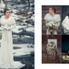 In "The White Dress Destinations" by Schiffer Publishing, Ltd., a woman in a white gown and fur shawl stands by a snowy stream—ideal for destination weddings—plus images of her with bouquets, rustic décor, and an elegant table setting.