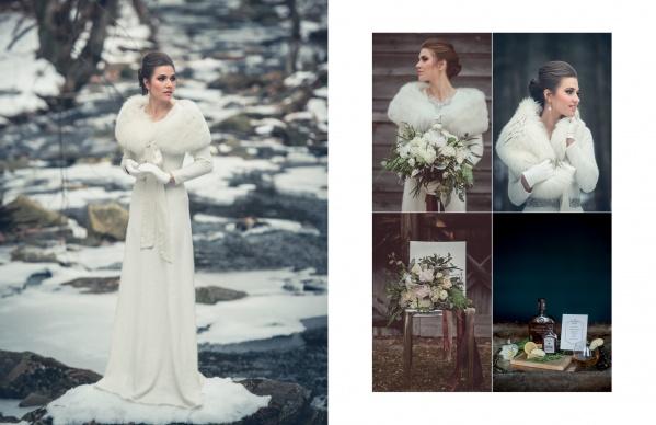 In "The White Dress Destinations" by Schiffer Publishing, Ltd., a woman in a white gown and fur shawl stands by a snowy stream—ideal for destination weddings—plus images of her with bouquets, rustic décor, and an elegant table setting.