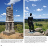 Two photos from Gettysburg Perspectives by Schiffer Publishing, Ltd.: Left, a stone monument with plaques on Little Round Top; Right, a bronze Union officer statue gazing over the battlefield—tributes to Civil War history at Gettysburg.