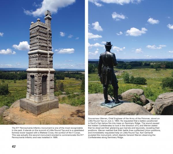 Two photos from Gettysburg Perspectives by Schiffer Publishing, Ltd.: Left, a stone monument with plaques on Little Round Top; Right, a bronze Union officer statue gazing over the battlefield—tributes to Civil War history at Gettysburg.