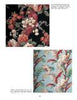 Two square swatches of Schiffer Publishing, Ltd.'s Vintage Textured Barkcloth: one with a black background, red flowers, and green leaves; the other with a light blue background, red birds, and white flowers.