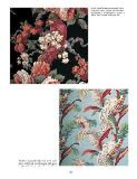 Two square swatches of Schiffer Publishing, Ltd.'s Vintage Textured Barkcloth: one with a black background, red flowers, and green leaves; the other with a light blue background, red birds, and white flowers.