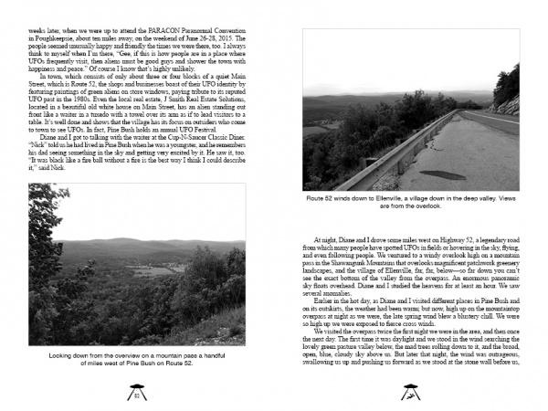 A black-and-white magazine spread for "UFOs Over America" by Schiffer Publishing, Ltd. features three landscape photos of scenic mountain roads and text about driving Route 52, UFO sightings, paranormal conventions, and Pine Bush, NY experiences.