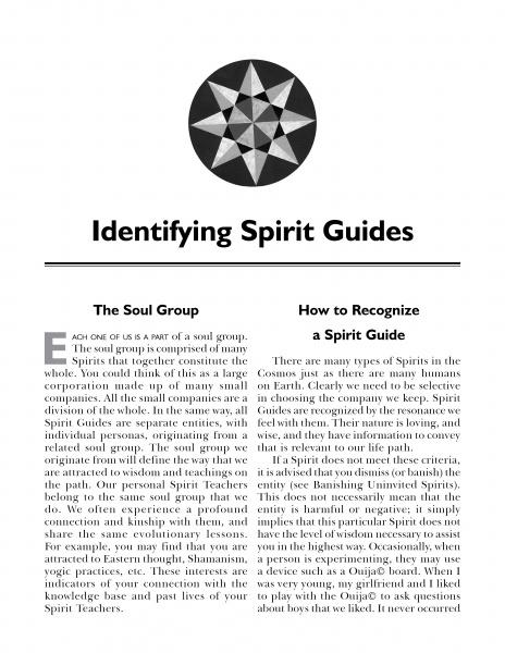 A page from "Contact Your Spirit Guides," featuring sections on the Soul Group and recognizing spirit guides, a geometric mandala design at the top, and guidance on channeling Spirit Guidance Cards.