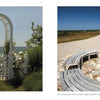 Left: A white garden arbor and gate overlook the ocean, surrounded by greenery. Right: A curved wooden bench faces a lighthouse path—ideal Nantucket photography from "Nantucket" by Schiffer Publishing, Ltd.