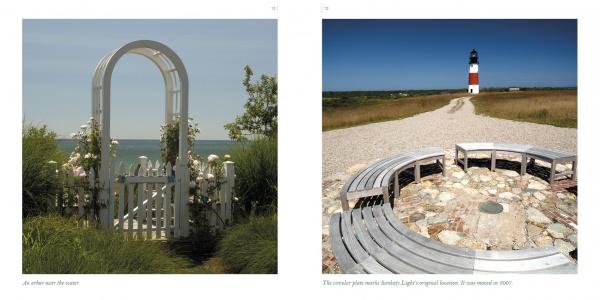 Left: A white garden arbor and gate overlook the ocean, surrounded by greenery. Right: A curved wooden bench faces a lighthouse path—ideal Nantucket photography from "Nantucket" by Schiffer Publishing, Ltd.