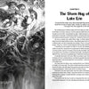 Black-and-white illustration of a wild storm over water; ghostly female figures rise from the waves. On the right, a book page titled “The Storm Hag of Lake Erie” from Campfire Tales Great Lakes by Schiffer Publishing, Ltd. evokes Great Lakes legends.