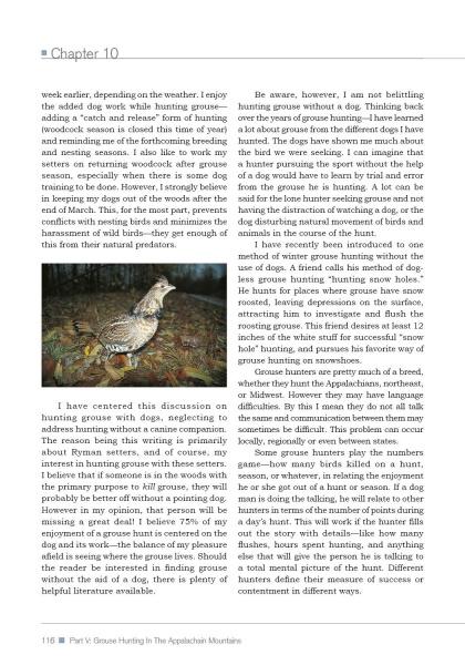 Chapter 10 of "The Real Ryman Setter: A History with Stories from the Appalachian Grouse Covers" (Schiffer Publishing, Ltd.) explores grouse hunting with the Ryman English setter. The two-column page features a small, centered grouse photo below.