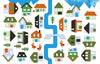 “Where Is My House?” by Schiffer Publishing, Ltd. features a colorful, geometric scene of houses and trees along a blue river with two red birds, a small bridge, and snowcapped mountains—ideal for activity books that build observation and memory skills.
