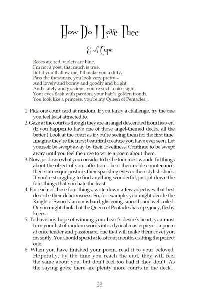 A page from "The Tarot Playbook" by Schiffer Publishing, Ltd. features “How Do I Love Thee: 8 of Cups”—a poem, a short paragraph, and a six-step list inspired by tarot games and feelings, in Tarot Playbook style with page number 98 at the bottom.
