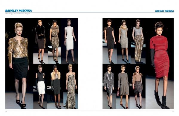 A spread from The SFP LookBook: Mercedes-Benz Fashion Week Fall 2013 Collections by Schiffer Publishing, Ltd. features female models in elegant black, gold, silver, and red Badgley Mischka dresses on the runway.