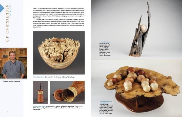 A magazine spread in Schiffer Publishing, Ltd.'s "Painted Sky" features four unique woodturning pieces—textured bowls and sculptures made from various woods—by contemporary artist Kip Christensen, along with a photo of him.