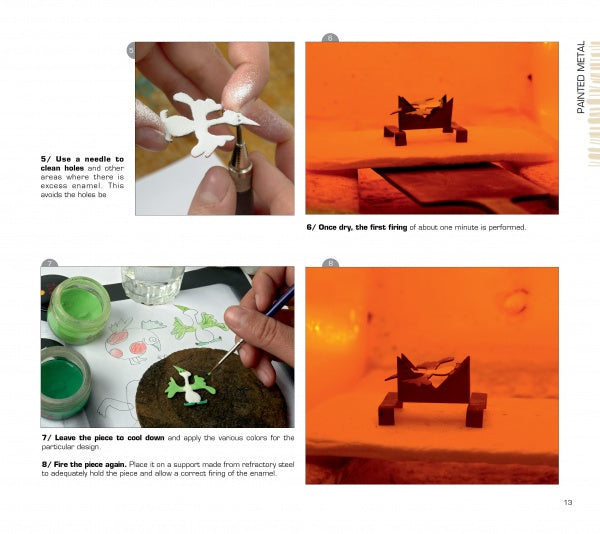 Metal Jewelry Techniques by Schiffer Publishing, Ltd. illustrates four jewelry making steps: cleaning holes in a metal animal shape, kiln firing, cooling the piece, and preparing paints with a finished painted design visible.
